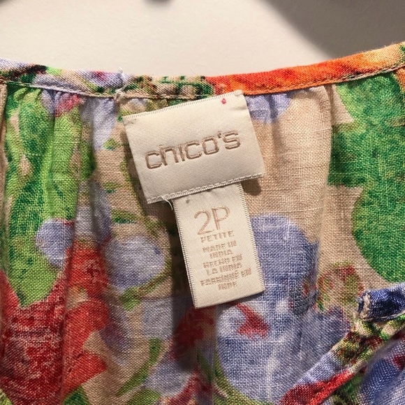 Chico's Size 2 Petite Large Tropical Floral Linen Multicolor Women's Blouse - Picture 3 of 3